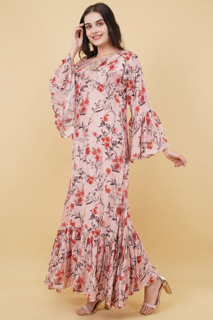 Peach Floral Flared Dress