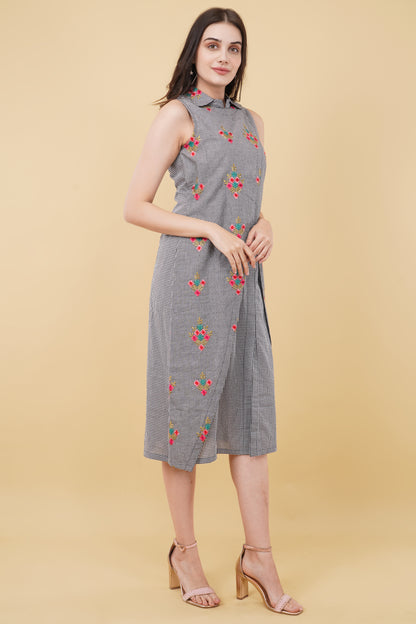 Grey Floral Print Short Straight Cut Dress