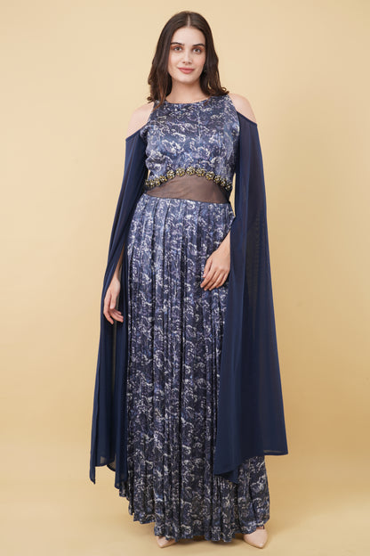 Blue Cape Sleeves Padded Straight Cut Forest Printed Dress