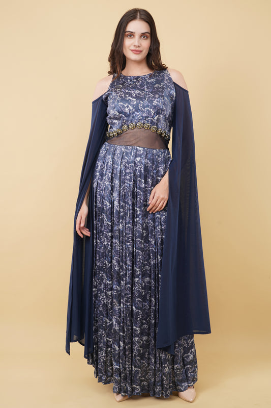 Blue Cape Sleeves Padded Straight Cut Forest Printed Dress