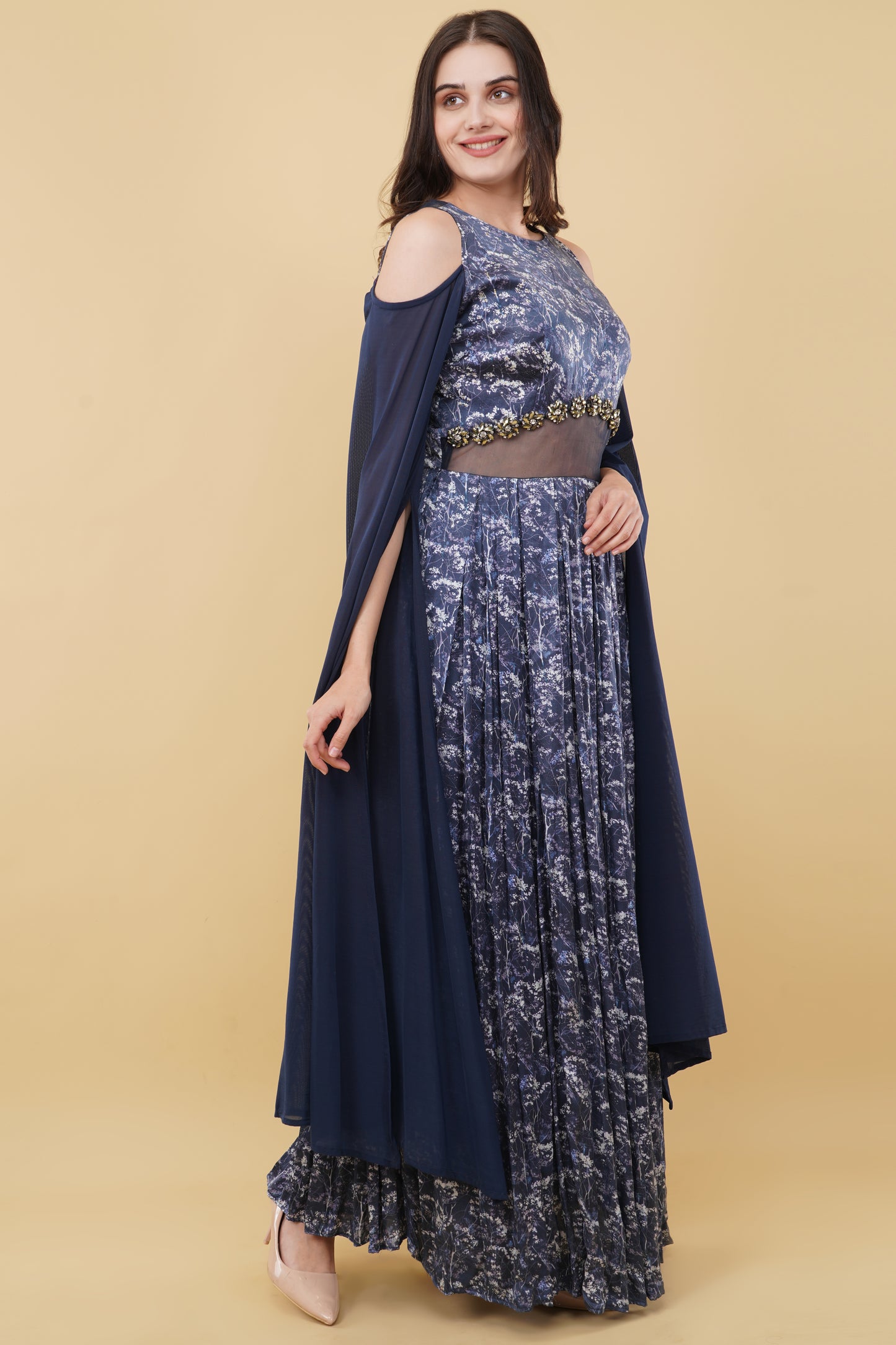 Blue Cape Sleeves Padded Straight Cut Forest Printed Dress