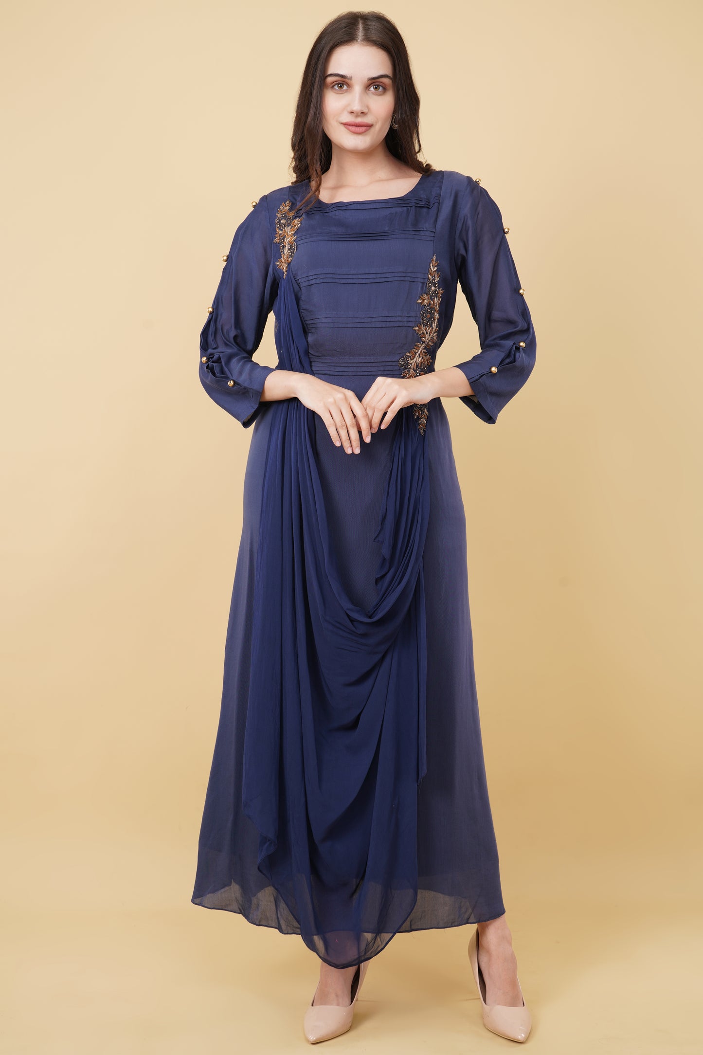 Navy Blue Cowl Detailed Dress