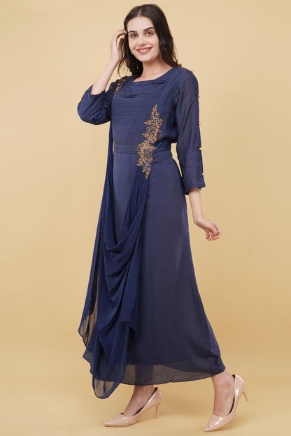 Navy Blue Cowl Detailed Dress