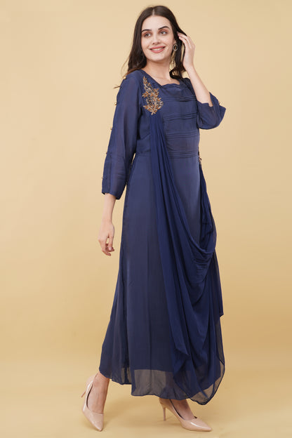 Navy Blue Cowl Detailed Dress