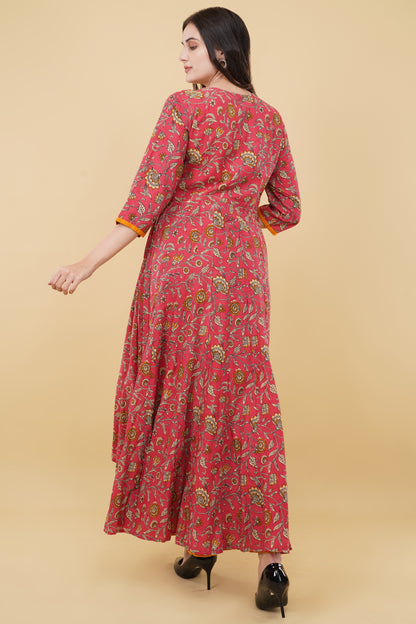 Red Faded Floral Print Flared Dress