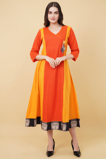 Orange Colour-Block Angrakha Style Dress