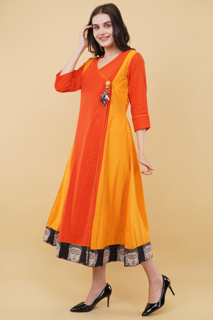 Orange Colour-Block Angrakha Style Dress