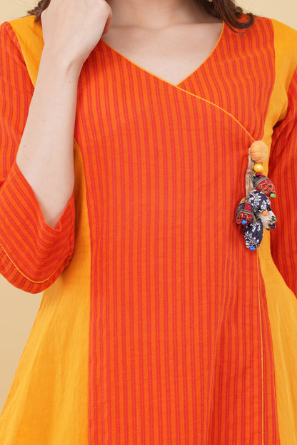 Orange Colour-Block Angrakha Style Dress