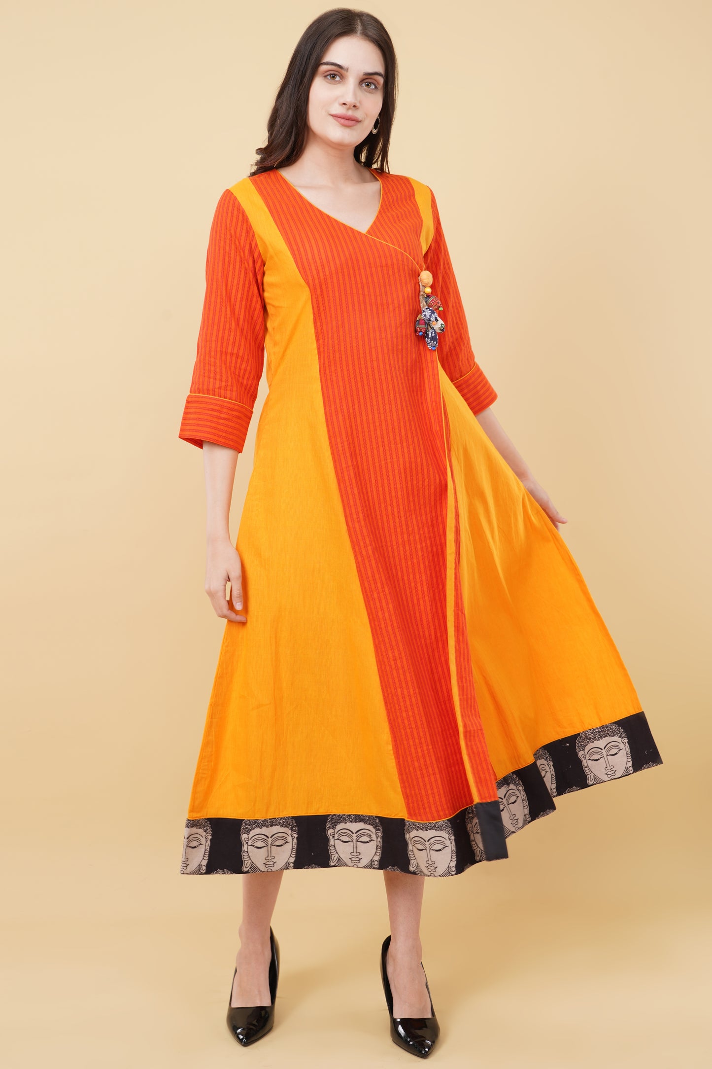 Orange Colour-Block Angrakha Style Dress