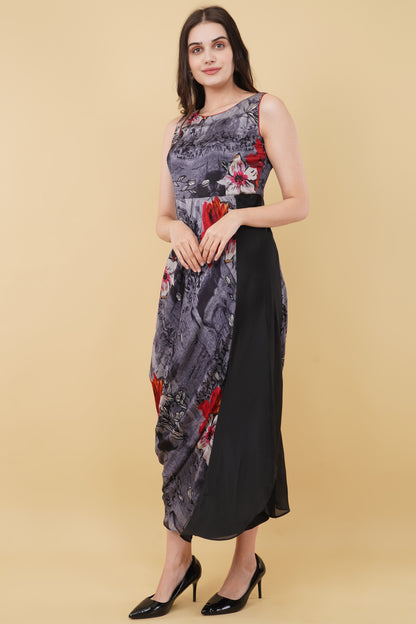 Monotone Floral Asymmetrical Straight Cut Dress