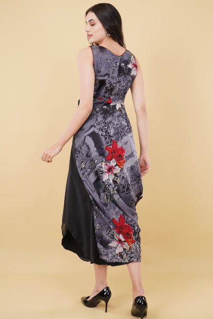 Monotone Floral Asymmetrical Straight Cut Dress