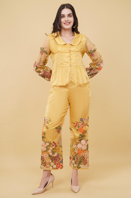 Ochre Yellow Floral Embroidered Co-ord Set