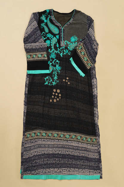 Black and Aqua Blue Embroidered Unstitched Suit Piece