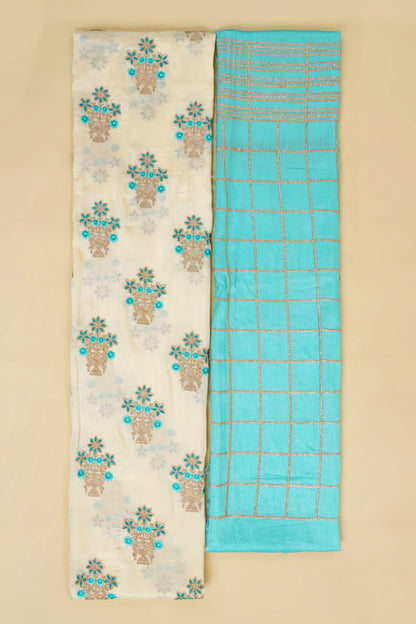 Beige and Aqua Blue Embroidered Unstitched Suit Piece