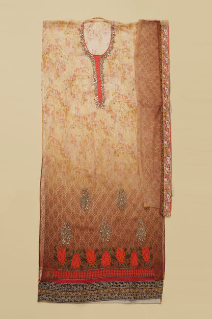 Beige and Peach Floral Digital Printed Unstitched Suit Piece