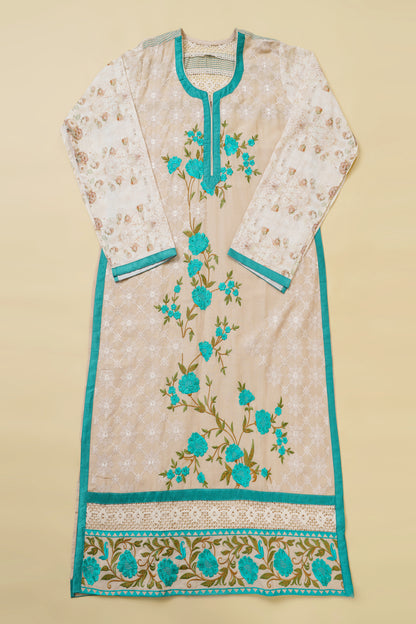 Cream and Teal Embroidered Unstitched Suit Piece