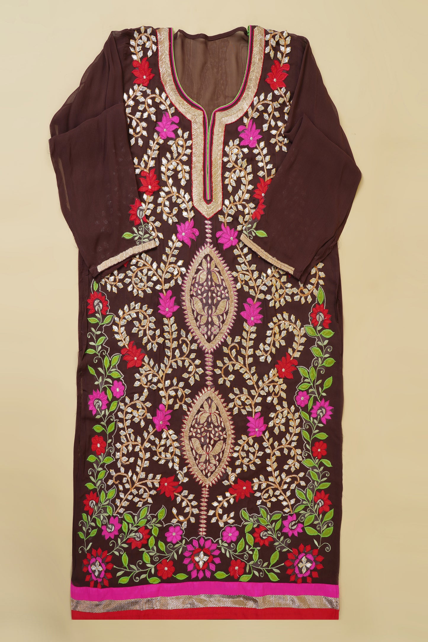 Brown Gota Work Embroidered Unstitched Suit Piece