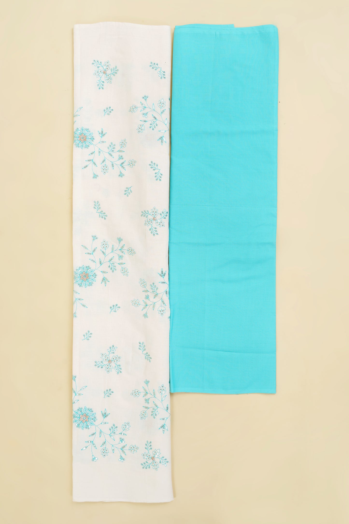 White and Aqua Blue Embroidered Unstitched Suit Piece with Multi-Colour Dupatta