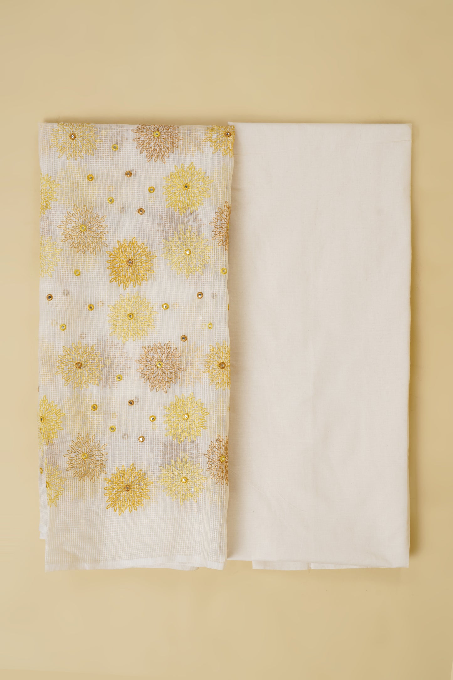 Yellow on White Floral Unstitched Suit Piece