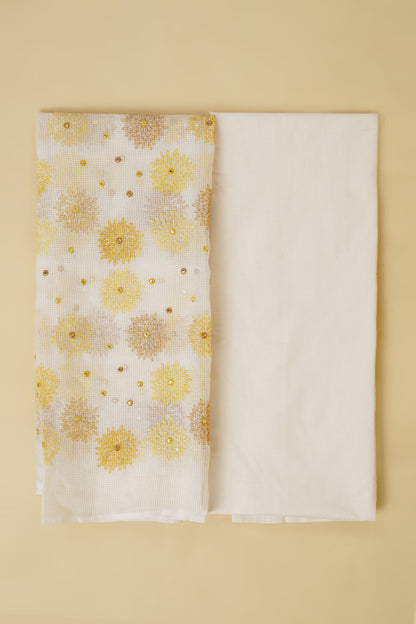 Yellow on White Floral Unstitched Suit Piece