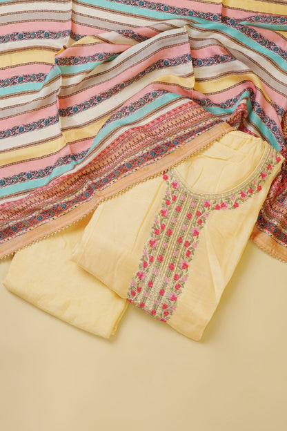 Pastel Yellow and Multi-Colour Unstitched Suit Piece