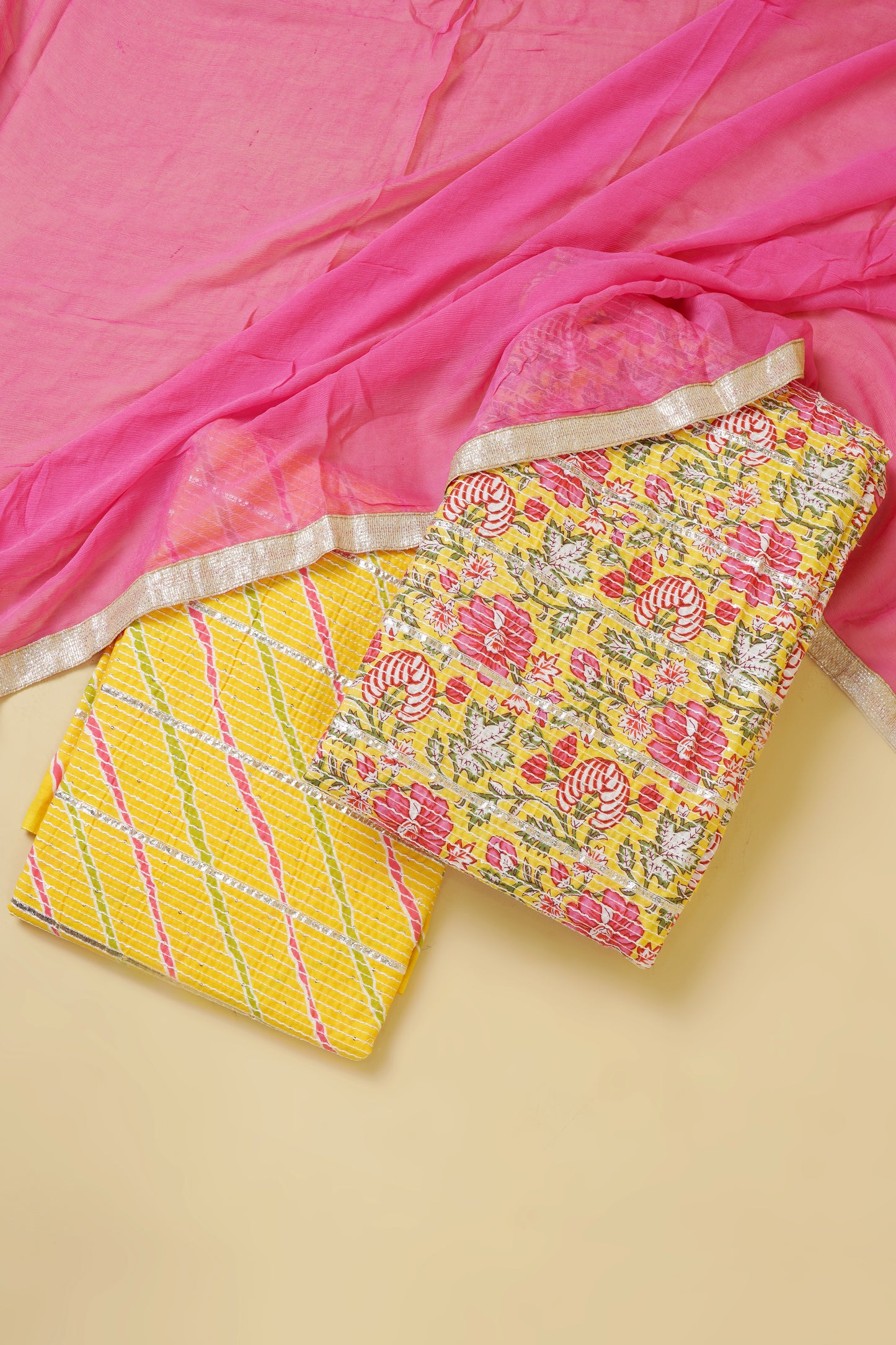 Pink on Yellow Embroidered Unstitched Suit Piece