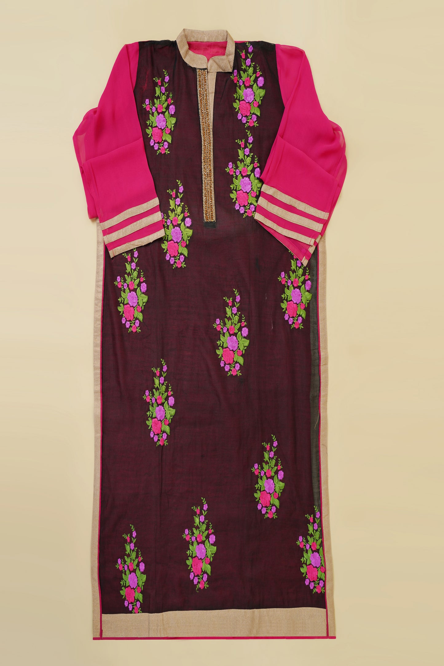 Black and Pink Sheer Embroidered Unstitched Suit Piece