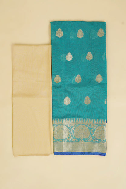 Teal, Blue and Beige Zari Unstitched Suit Piece