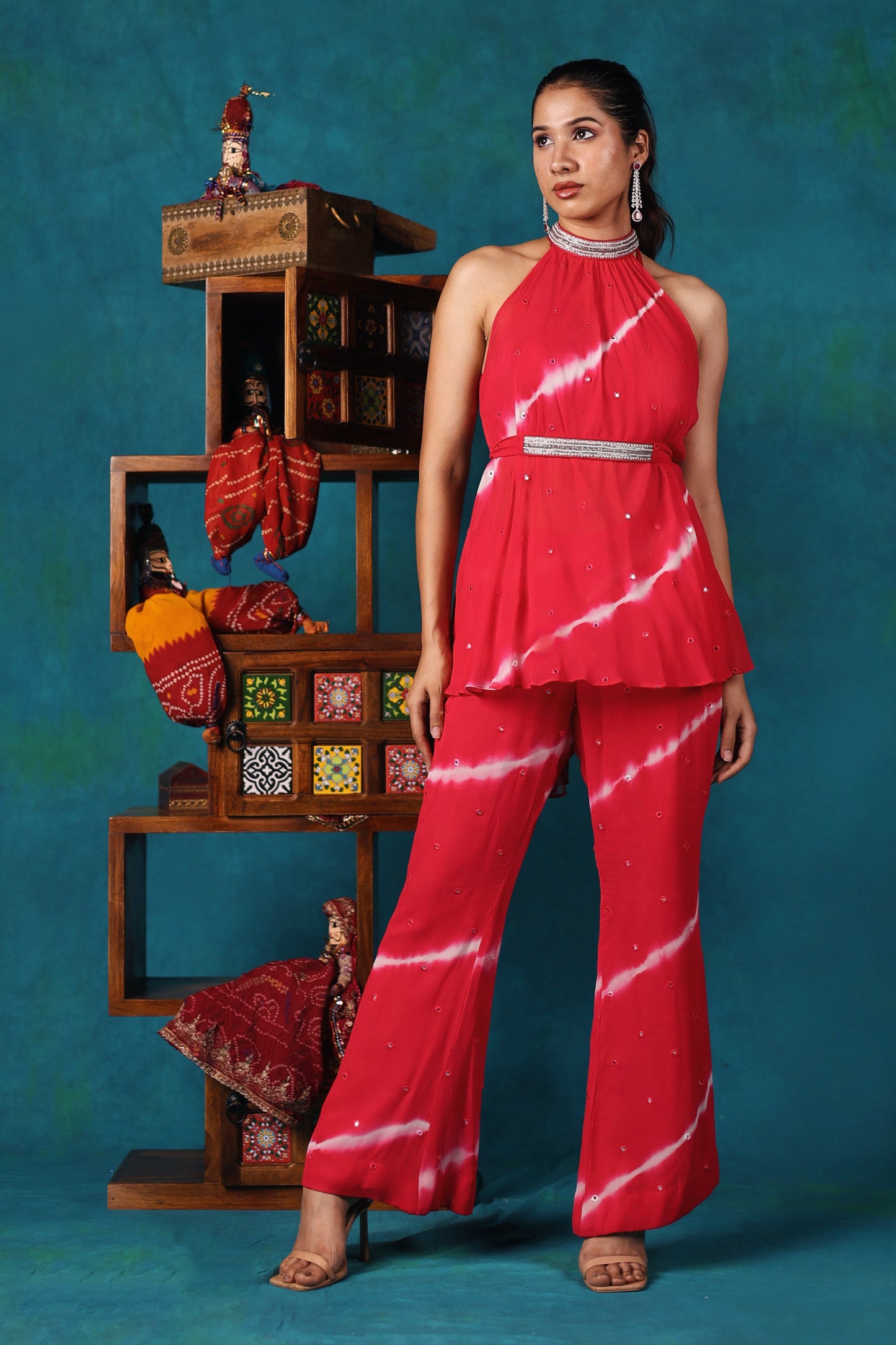 Pinkish Red Halter top and Pants Set