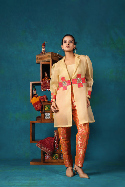 Yellow Jacket, Bustier and Orange Brocade Pants Set