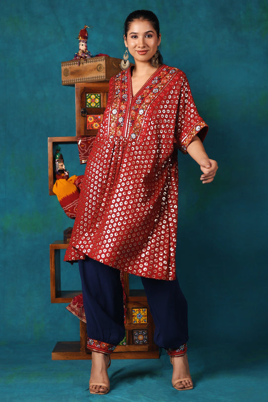 Maroon Embroidered Kaftan Kurta Set