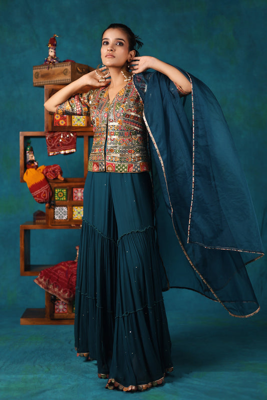 Teal Gharara and Corset Jacket Set