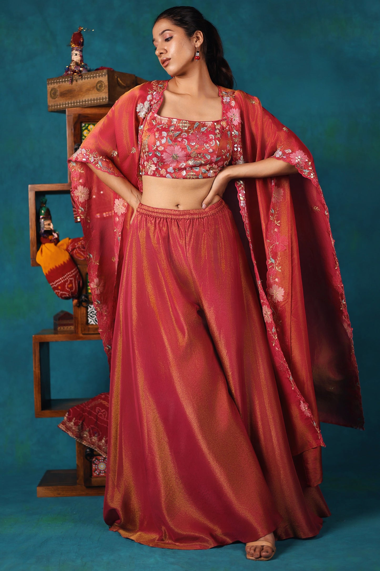 Pink Georgette Tissue Sharara and Cape Set