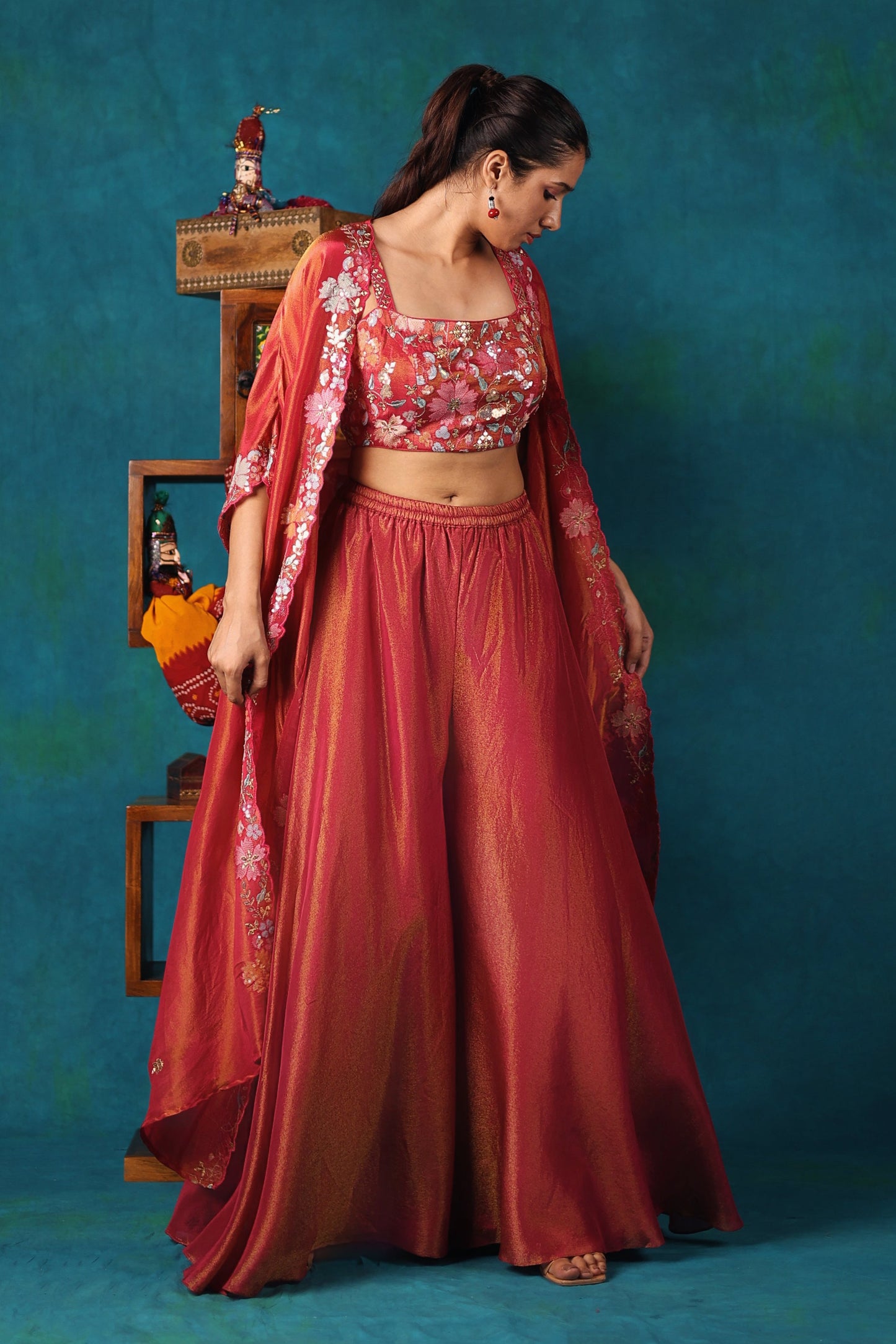 Pink Georgette Tissue Sharara and Cape Set