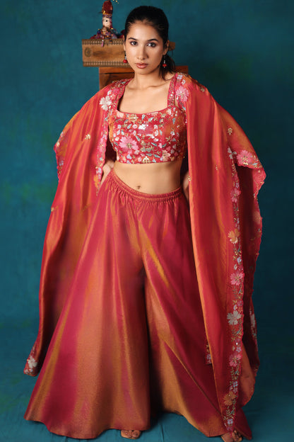 Pink Georgette Tissue Sharara and Cape Set