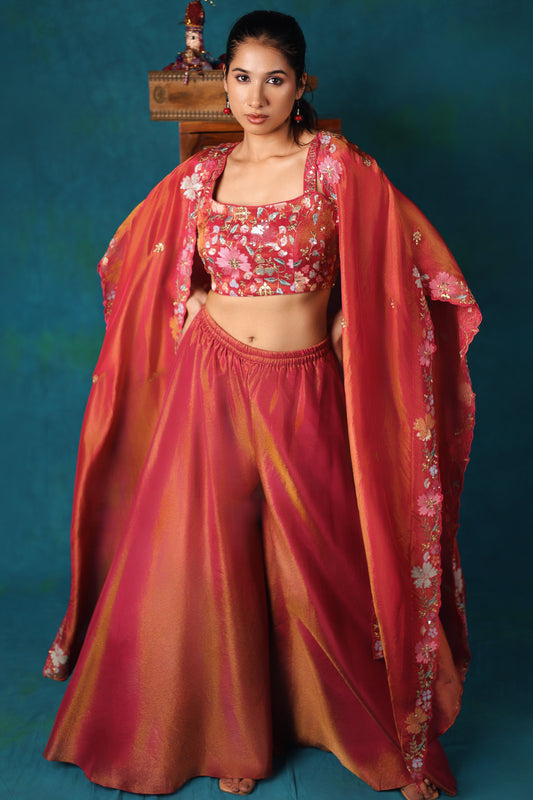 Pink Georgette Tissue Sharara and Cape Set