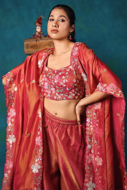 Pink Georgette Tissue Sharara and Cape Set