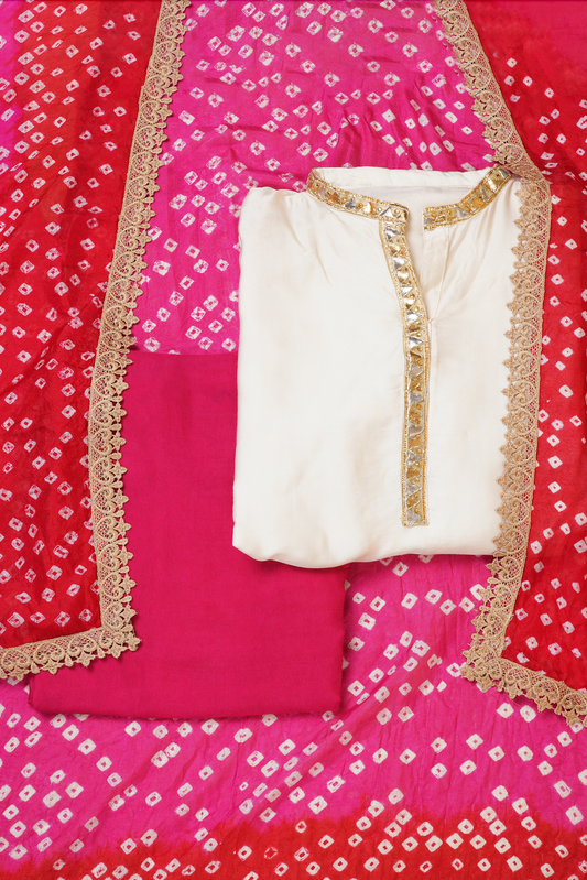 White with Pink Ombre Bandhani Shrug Unstitched Suit Piece